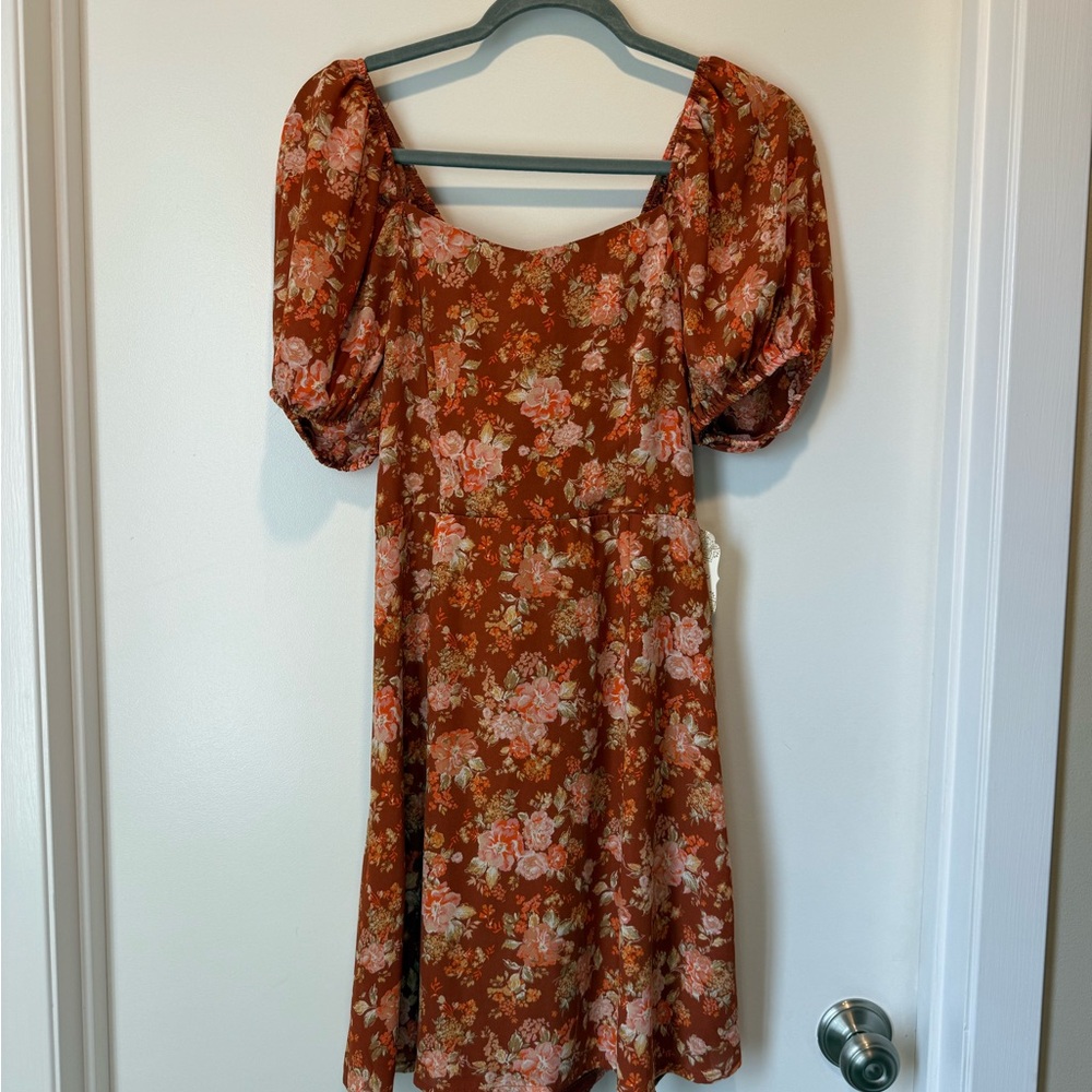 Altar'd State Rust Floral Puff-Sleeve Midi Dress